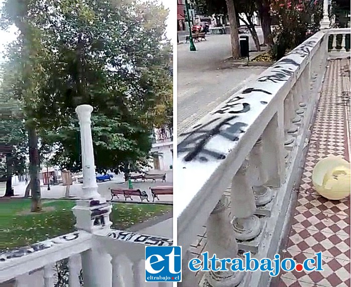 DESCEREBRADOS.- Los postes ubicados en las esquinas de la terraza fueron despojados de su farol sólo por el gusto enfermizo de hacer daño, nada menos que durante la celebración del Día del Patrimonio, rayando las barandas, el piso y rompiendo los faroles.