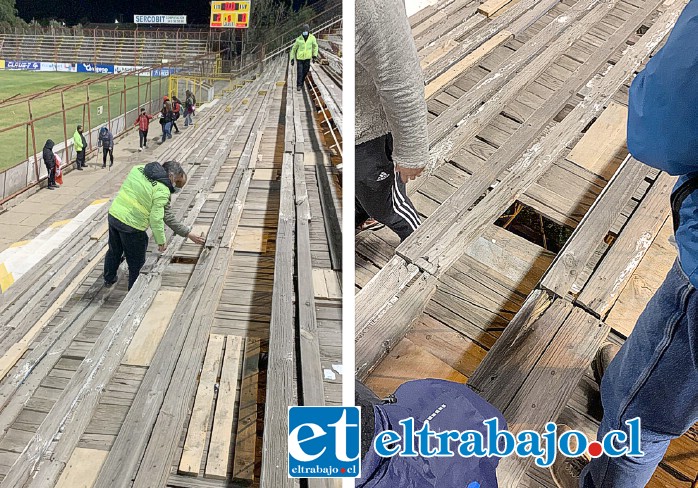 Así lucen las añosas galerías del Estadio Municipal de San Felipe. A la derecha uno de los tablones que se rompió tras el partido de Unión San Felipe.