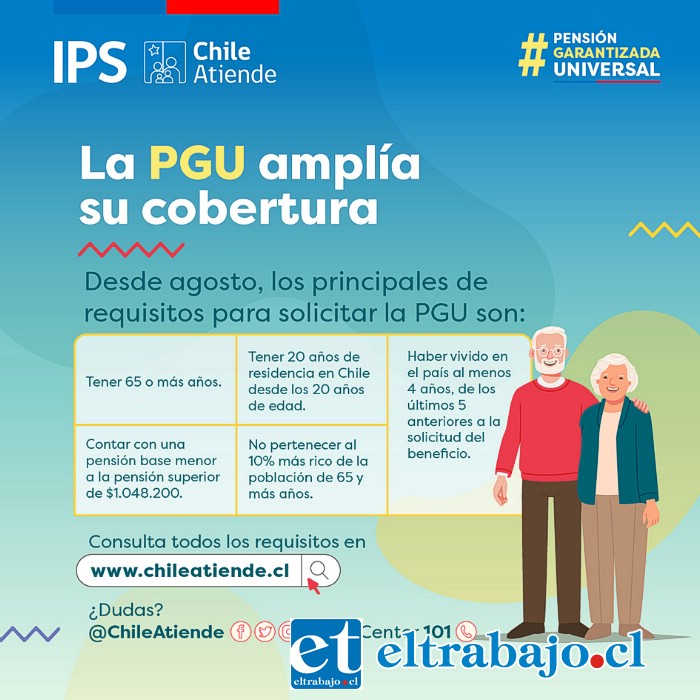 Ante dudas y situaciones particulares que surjan en torno a la Pensión Garantizada Universal, las personas pueden consultar en redes sociales @ChileAtiende en Facebook, Twitter e Instagram, o llamando al Call Center 101.