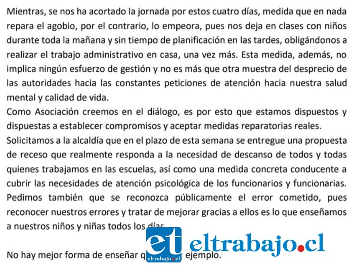 Parte del comunicado con el cual la Asociación de Funcionarios de la Educación de San Felipe expresa su molestia por no contar con días de receso post Fiestas Patrias.