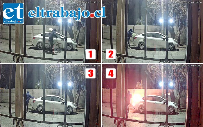 En la secuencia gráfica, en primer lugar cuando el pirómano vierte combustible sobre el automóvil a las 4,40. El bidón está casi vacío (1). Luego vuelve a las 4,46, el bidón está lleno y vuelve a verter combustible (2). Posteriormente acerca un encendedor y comienza el fuego (3 y 4).