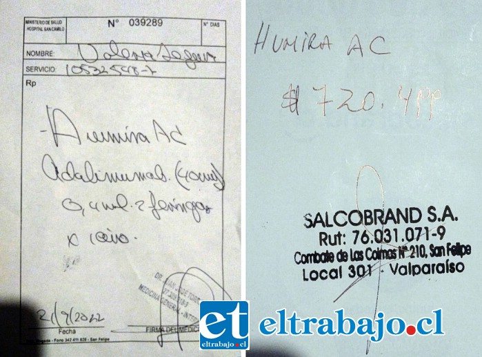 Esta es la receta a nombre de Valeria Segura extendida por el doctor Juan José Torres el 21 de septiembre de este año. A la derecha se aprecia la más económica de las cotizaciones del medicamento que nos presentó Valeria, cuyo valor supera los 700 mil pesos (cada mes).