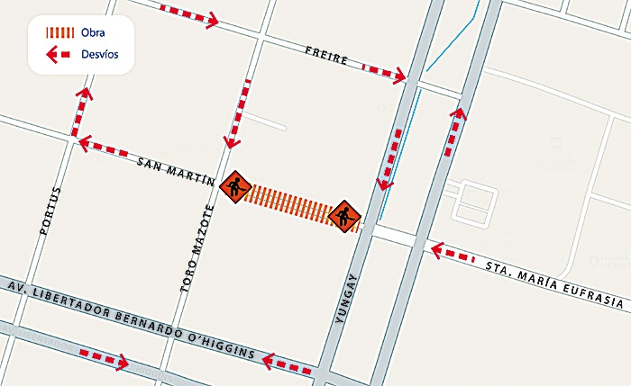 El plano muestra el corte de tramo en calle San Martín y los desvíos de tránsito asociados, los que se ejecutarán a partir de hoy martes 11.