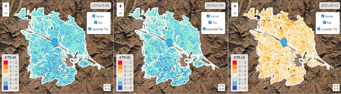 Imagen satelital de cómo ha aumentado la desertificación de la Primera Sección. La primera imagen es de 2014, la del medio de 2018 y la derecha corresponde a 2021.