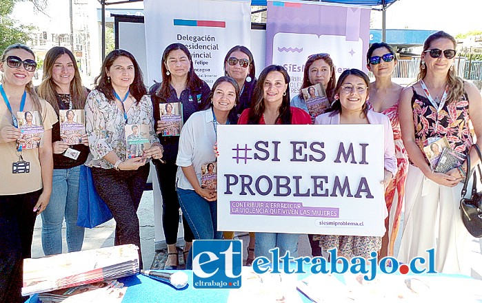 La DPP, Scarlett Valdés y la Seremi de la Mujer, Camila Lazo, sosteniendo el cartel-slogan de la campaña #SíEsMiProblema, junto a funcionarias de los seis municipios de la provincia.