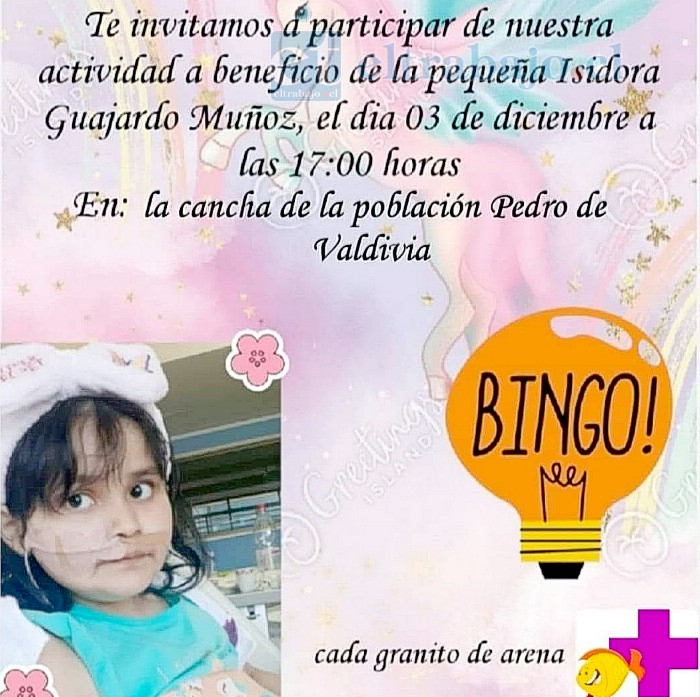 Isidora Guajardo Muñoz necesita la ayuda de todos mañana sábado a las 17:00 horas en la cancha de la Población Pedro de Valdivia.