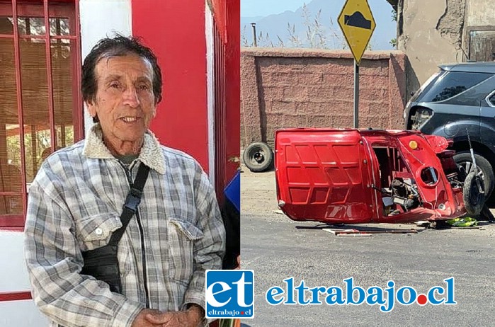 ‘El Yayita’ necesita dadores de sangre de cualquier tipo tras el violento accidente que sufrió el sábado y que lo dejó gravemente herido. A la derecha, el estado en que quedó el triciclo que conducía. (Foto gentileza Putaendo Informa)