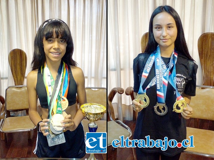 Antonella Nanjarí lució todos sus logros obtenidos en Atletismo a sus cortos 12 años de edad. A la derecha, Florencia Aguilera (16 años), luces sus medallas de oro y plata conseguidas en reciente campeonato de patinaje artístico en Estados Unidos.