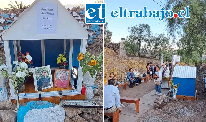 A la izquierda se puede ver la gruta que se construyó en memoria de ‘El Chicha’. A la derecha, en tanto, familiares y amigos presentes en la liturgia conmemorando un año del crimen de Aldo Leiva González. (Foto Putaendoinforma.com)