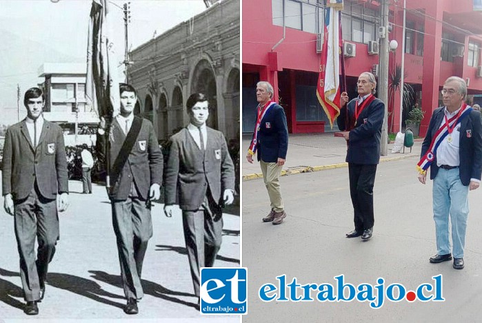 LICEANOS.- Con 52 años de diferencia, abanderado Erik Rivadeneira Barrios (hijo de Mr. Riva), escoltas Juan González Verdugo (hijo del ‘Duro’ González) e Iván Contreras Briones (primo del Senador Ávila).