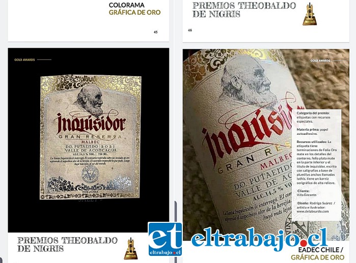 La Viña ‘Encanto’ de Putaendo recibió el premio ‘Theobaldo de Nigris’ por la etiqueta de su vino ‘Inquisidor’, la que fue elegida como la mejor a nivel latinoamericano por un grupo de expertos de las artes gráficas del cono sur.