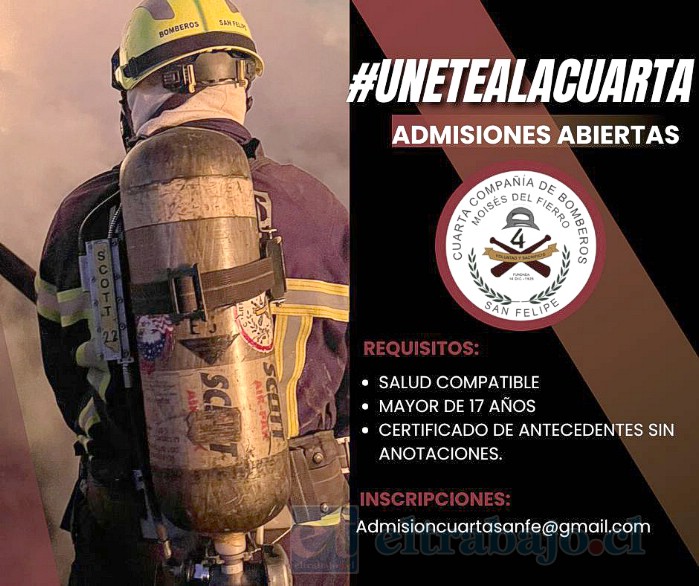 Hasta el 30 de septiembre están abiertas las postulaciones para ser bombero de la Cuarta Compañía de San Felipe.