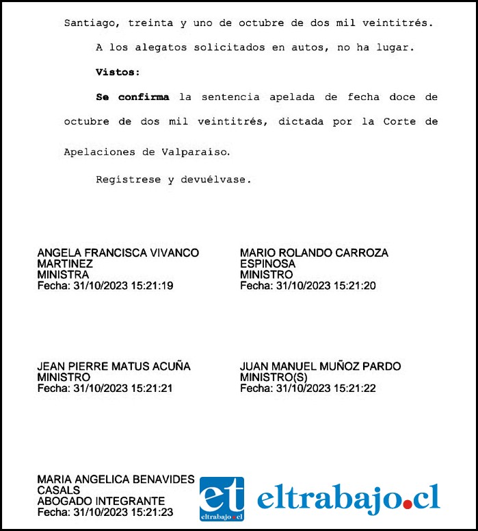 La Corte Suprema de Justicia confirmó la sentencia de la Corte de Apelaciones de Valparaíso.