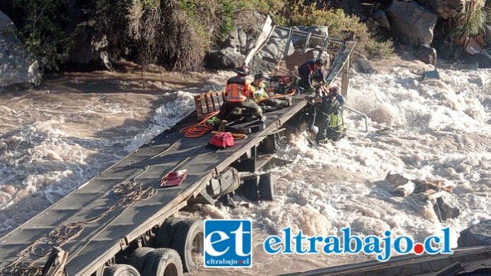 Maniobras de rescate para auxiliar al conductor que cayó al río Aconcagua.