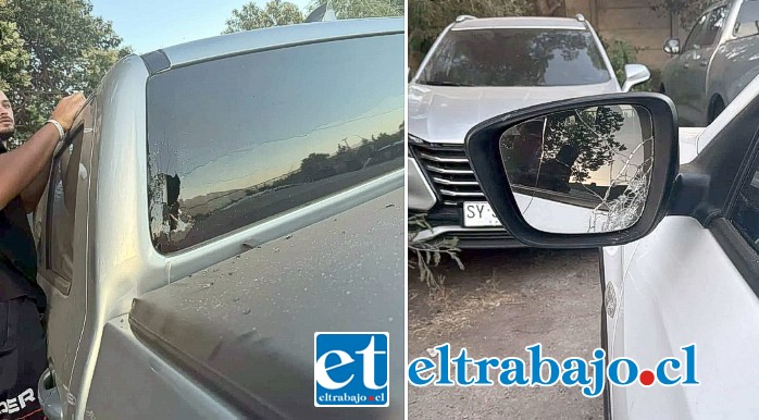 Cristales y espejos de vehículos destruidos dejó el incidente registrado este domingo en Quebrada Herrera, Putaendo.