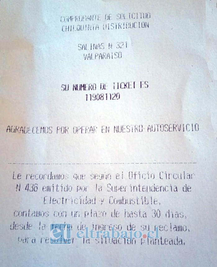 Boucher con el número de reclamo que fue presentado en Chilquinta. 