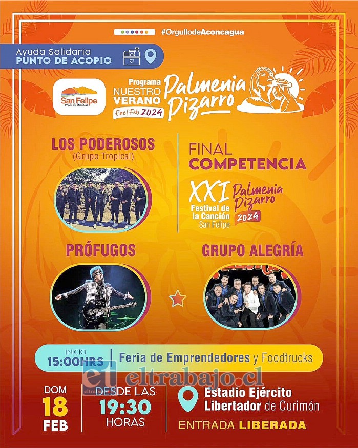 Afiche actualizado del día domingo, con la final de la competencia musical del Festival Palmenia Pizarro como novedad.