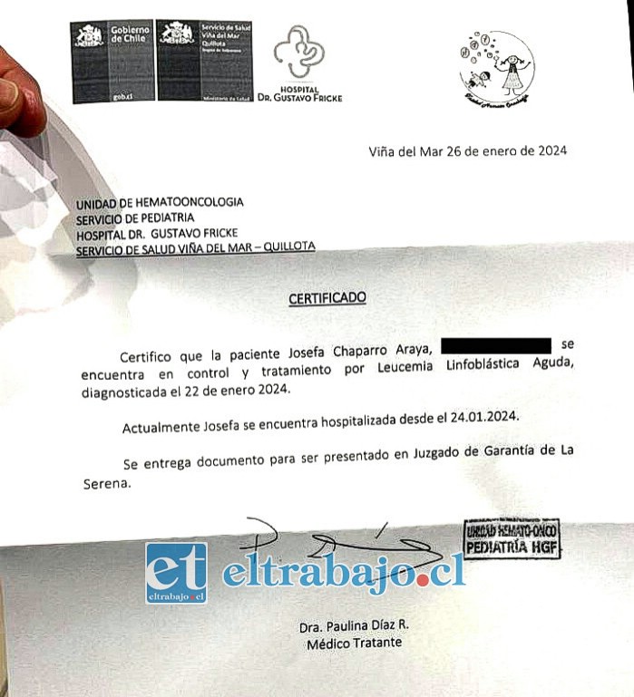 Certificado del diagnóstico de ‘Leucemia Linfoblástica Aguda’.