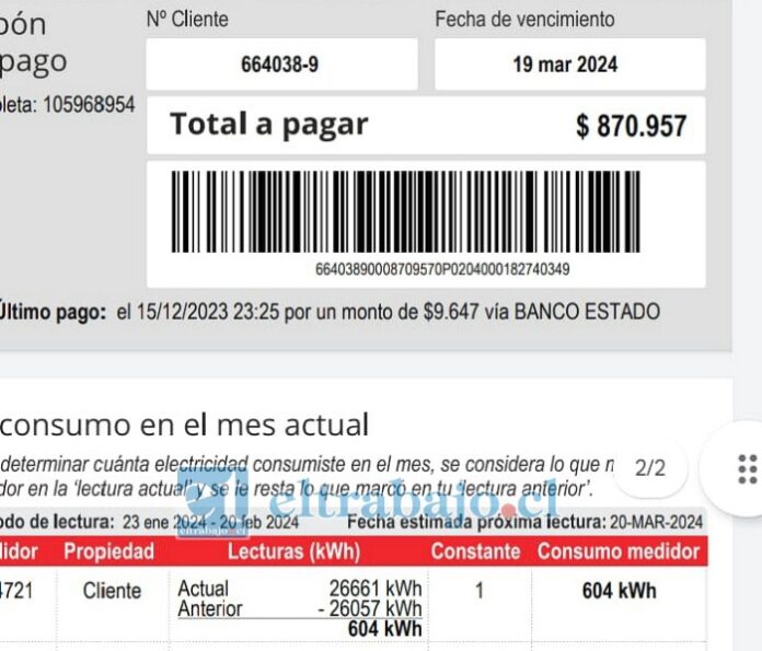 Esta es la boleta con el número de cliente y la desproporcionada suma que debe cancelar por un consumo que no debería superar los 90 mil pesos.