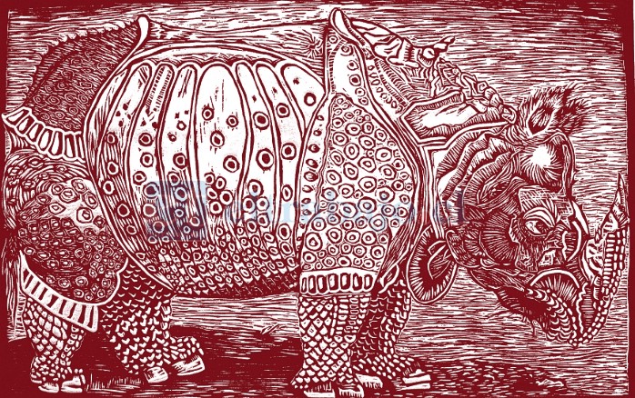 Una reproducción de ‘El Rinoceronte de Durero’, obra que revela el enorme trabajo de detalle que involucra este tipo de estampas.