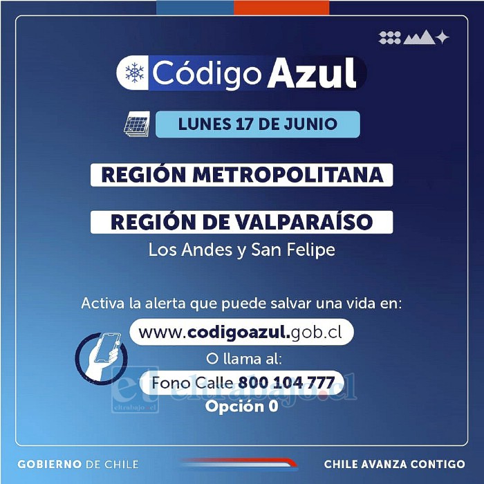 Código Azul fue activado para San Felipe y Los Andes.