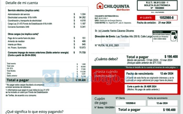 Boleta de luz de la empresa Chilquinta que refleja el excesivo cobro sobre 100 mil pesos.