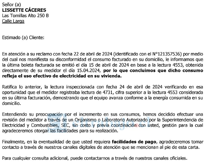 Una de las respuestas que ha dado la empresa Chilquinta frente a los reclamos de Lissette Cáceres.