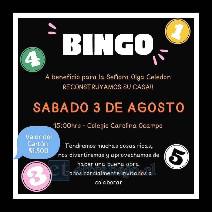 Invitan a la comunidad a bingo a beneficio este sábado a las 15:00 horas.