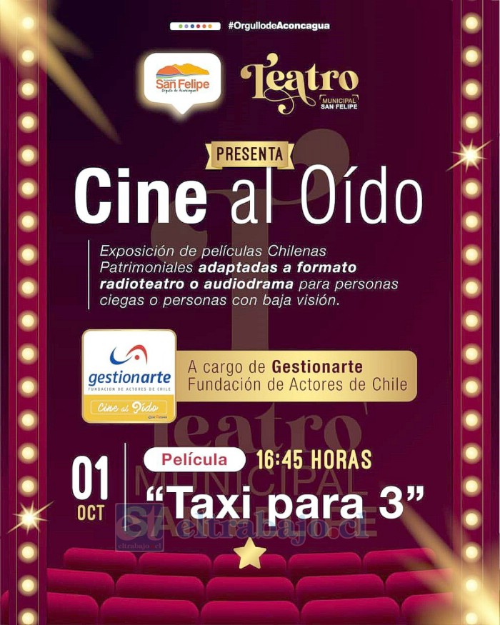 Si la actividad tiene una alta convocatoria, ‘Cine al Oído’ se volverá a repetir. Por ahora, solo hoy estará en el Teatro Municipal a partir de las 16:45 horas con ‘Taxi para 3’ en formato audiodrama.