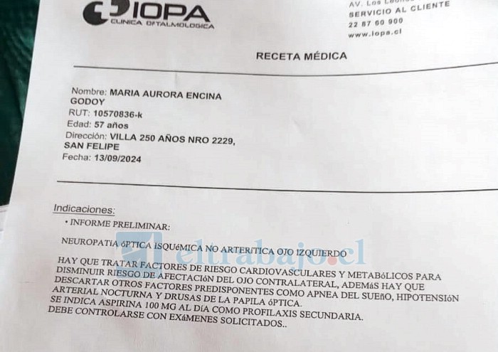 Este es el documento que le entregó el médico particular a María Encina Godoy para presentarlo en el Hospital San Camilo.