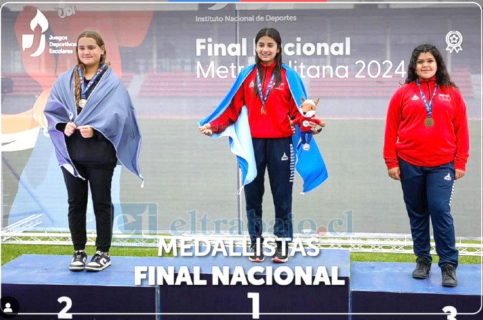 Podio de lanzamiento de bala en el que Catalina se coronó campeona, representando a la región de Valparaíso.