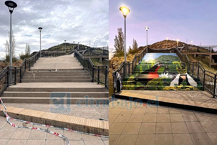 El antes y el después de la escalera con rampa que fue intervenida por el muralista.