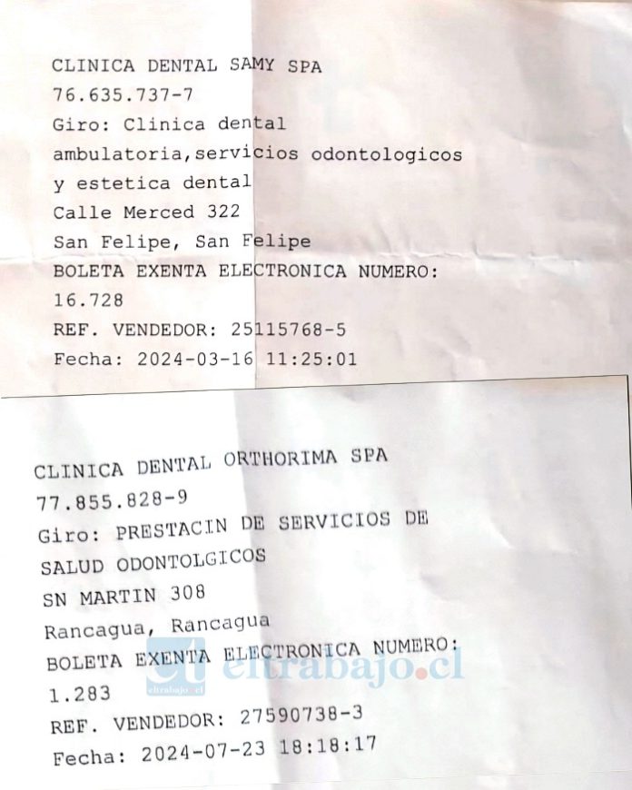 Comparación entre boletas de este año. En marzo, la boleta establece: Clínica Dental Samy SpA, 76.635.737-7, calle Merced 322, San Felipe; mientras que en julio registra: Clínica Dental Orthorima SpA, 77.855.828-9, San Martín 308, Rancagua.