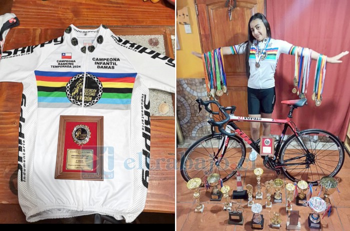 A la izquierda, tricota que debe portar como campeona 2024 y su galvano de reconocimiento. Amanda Gutiérrez acá con sus logros en su corta trayectoria como ciclista.