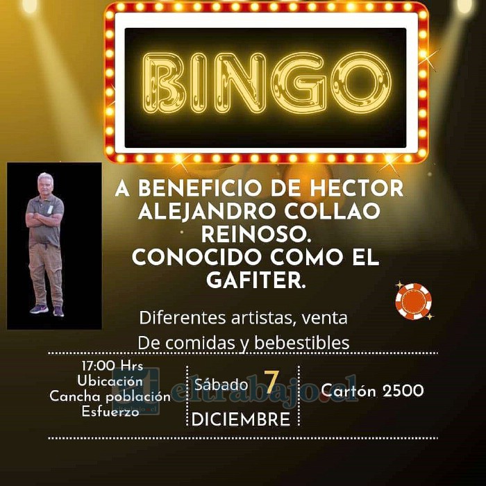 El sábado 7 de diciembre se desarrollará el bingo a beneficio en la cancha de la población El Esfuerzo.