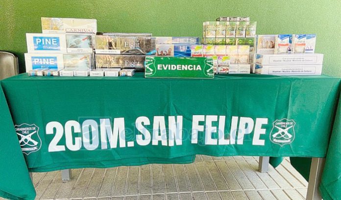 SIP de Carabineros de San Felipe incautó más de 400 cajetillas de cigarros, avaluados en cerca de un millón de pesos.