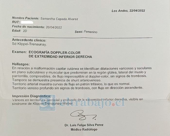 Certificado extendido por un médico radiólogo. (Fotografía cedida por su madre).