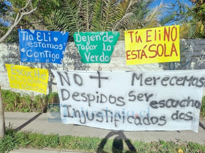 Estos fueron los letreros instalados frente a la Escuela Carmela Carvajal de Prat, en Curimón.