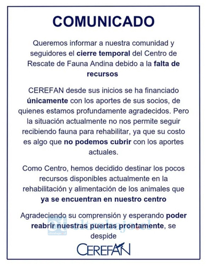 Comunicado emitido el sábado 25 de enero, en el que anuncian los motivos del cierre del centro.