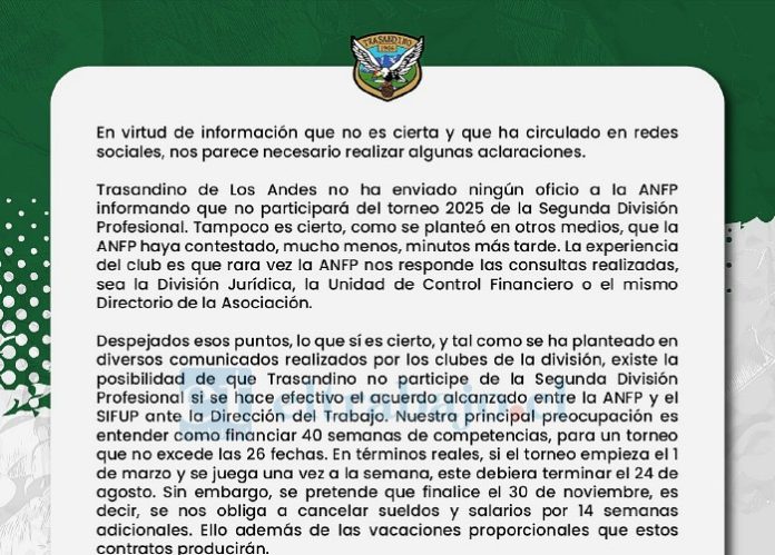 Los controladores de Trasandino emitieron un comunicado negando el retiro del club de la Segunda División.