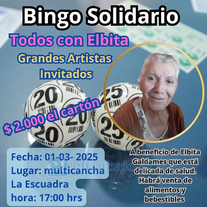 Este sábado 1 de marzo se realizará un bingo a beneficio de Elba Julia Galdames Ibaceta.