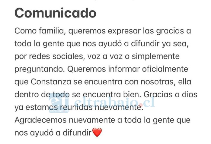 Comunicado de la familia, que señala que la joven apareció en buenas condiciones.