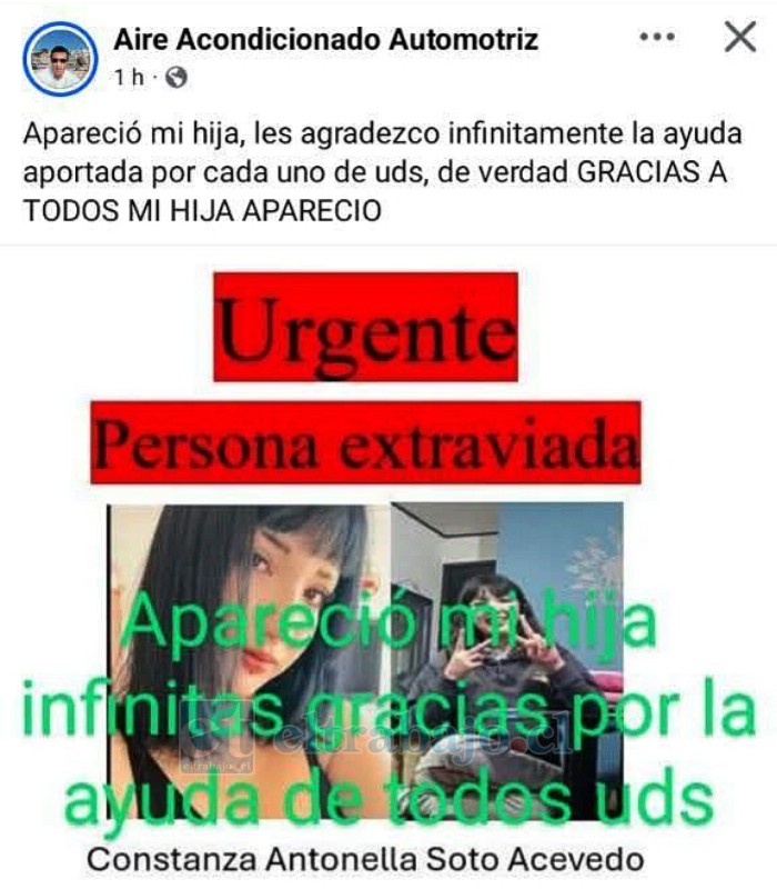 Red social del padre de Constanza, dando conocer que apareció su hija.