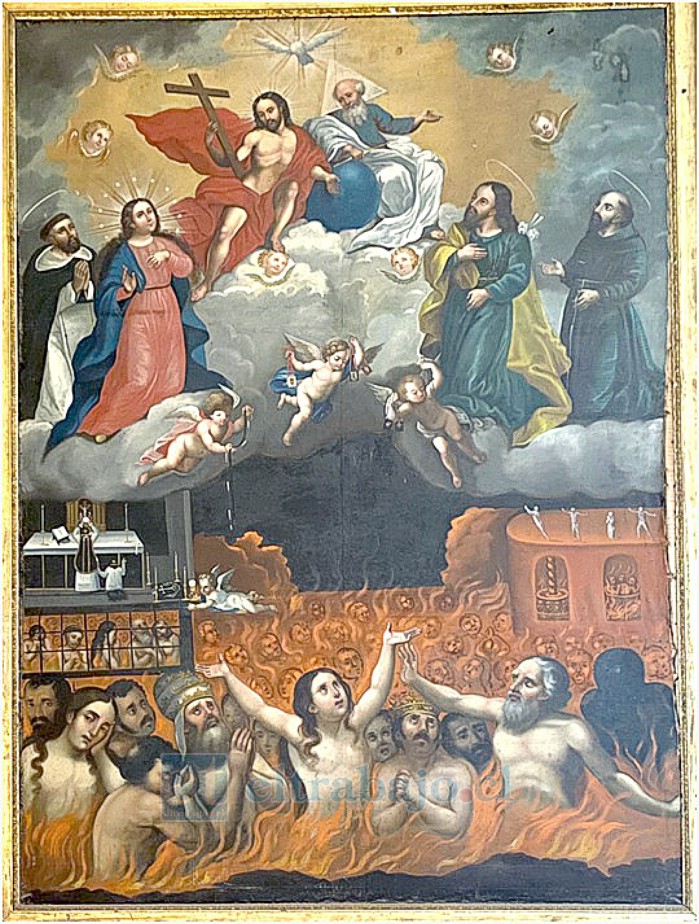Santísima Trinidad junto a María, San José, San Francisco de Asís y Santo Domingo, intercediendo por las almas del purgatorio. Año 1830. Ejemplo de barroco tardío.