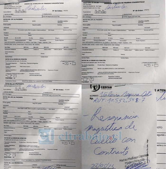 Órdenes de exámenes emitidas por el Cesfam Segismundo Iturra de San Felipe, los que respaldan el diagnóstico médico de Valeria Segura.