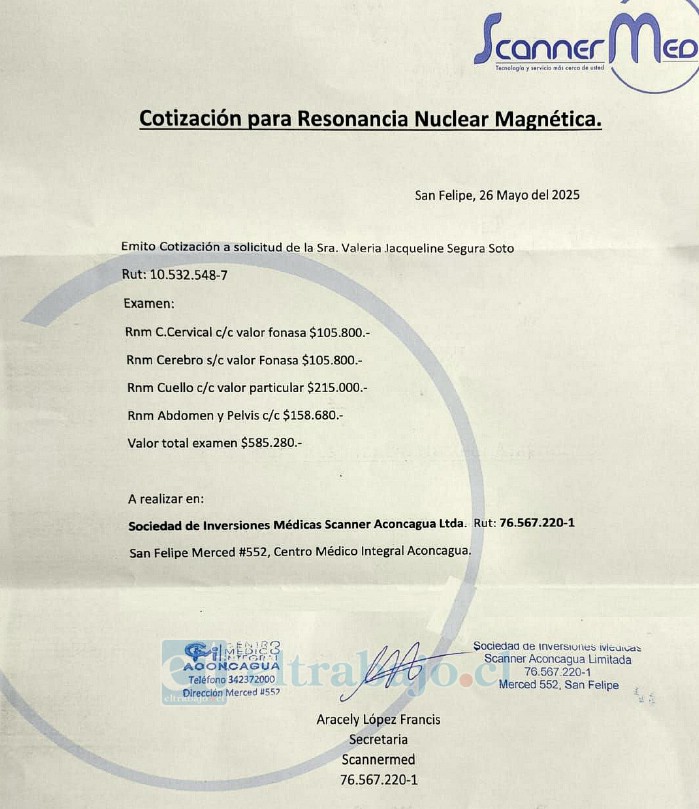 Cotización correspondiente a cuatro resonancias magnéticas que Valeria debe realizarse en San Felipe, con un costo total de $585.280.
