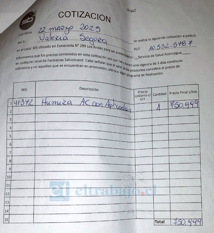 Cotización de la inyección que Valeria debe comprar y administrarse mensualmente, con un valor que supera los $700.000.