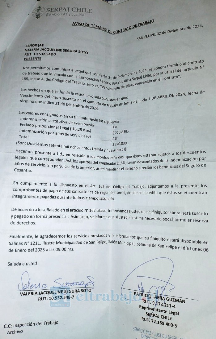 Aviso de término de contrato de trabajo de Valeria, emitido en diciembre de 2024.