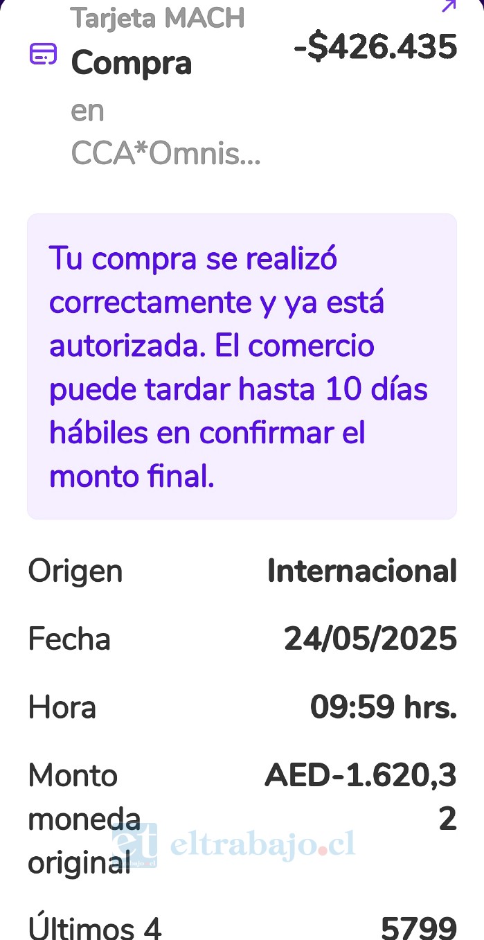 Imagen del aviso de la compra enviado por Tarjeta MACH del BCI.