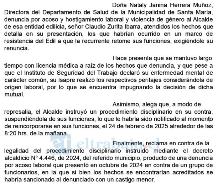 Extracto del documento de la denuncia presentada por la directora de Salud Municipal de Santa María.